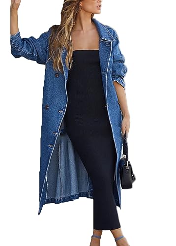 Suncolour Damen-Denim-Trenchcoat-Jacken, zweireihiger, Langer Jean-Trenchcoat, mittellange Denim-Outfits mit Gürtel von Suncolour