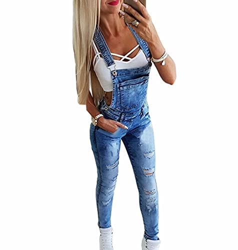 Suncolour Damen Latzhose Skinny Fit Stretch Denim Lätzchen Damenloch Latzhose Rip Jeans von Suncolour