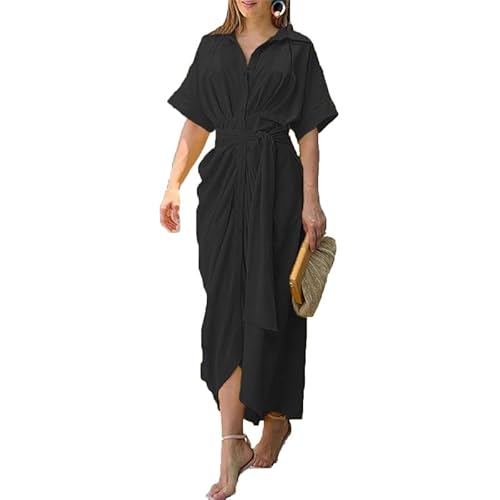 Suncolour Damen Midikleid mit Bindegürtel, gerüscht, Elegantes Hemdkleid mit Knopfleiste und V-Ausschnitt, Wickelkleid von Suncolour