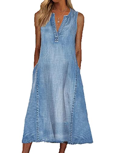 Suncolour Damenkleid Sommer äRmellos Einfarbig V-Ausschnitt Distressed Casual Jeanskleid von Suncolour