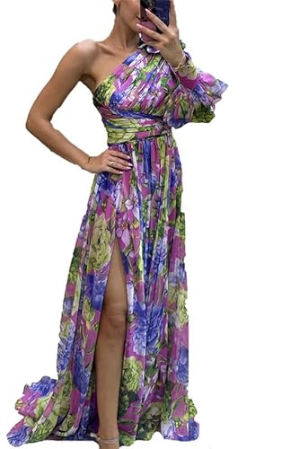 Suncolour Frauen One Shoulder Langarm Floral Chiffon Maxikleid Feiertag Schlitz Lange Kleider Hochzeit Party Cocktailkleid von Suncolour