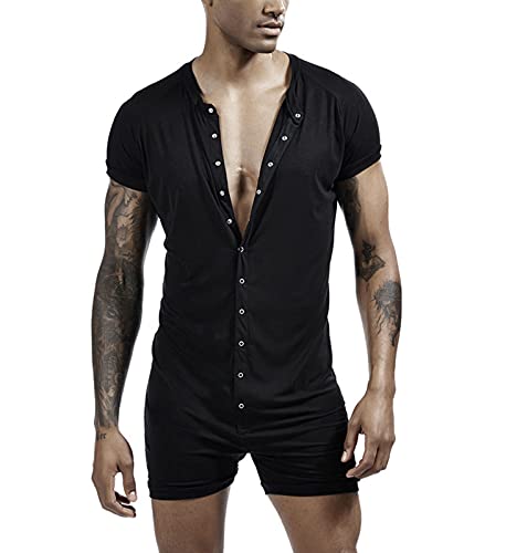 Suncolour Herren Sexy Onesies Strampler Kurze Ärmel Pyjamas Druckknöpfe Schritt Trikot Bodysuit von Suncolour