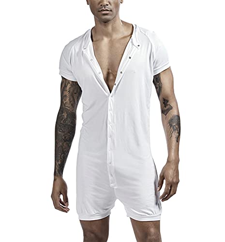 Suncolour Herren Sexy Onesies Strampler Kurze Ärmel Pyjamas Druckknöpfe Schritt Trikot Bodysuit von Suncolour