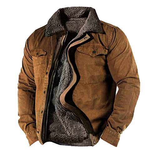 Suncolour Herren Sherpa ausgekleidete Frachtjacke Männer Feste Farbe Zippper Trucker Warmer Mantel Reverskragen Button Down Vlies Jacken von Suncolour