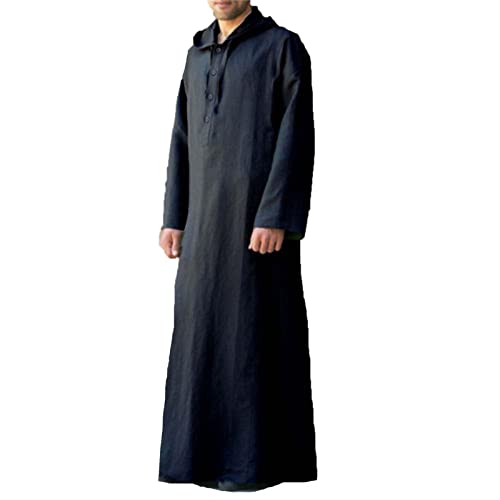 Suncolour Muslimische Kaftan-Kleider für Herren mit Kapuze, ethnischer muslimischer Thobe-Baumwollleinen, locker sitzendes, langes Kleid von Suncolour