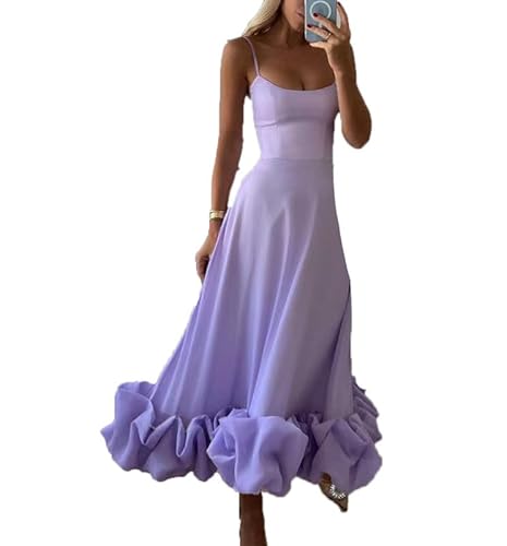 Suncolour Schmaler Ballkleid mit Spaghettiträgern und Rüschensaum, ärmellos, 3D Blumensaum, langes Abendkleid von Suncolour