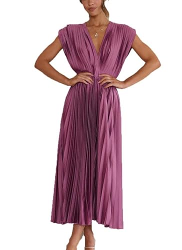 V Hals Rückenfreie Faltenkleider für Frauen Satin Imperium Taille Schwungkleid für Prom Elegant ärmellose Kleid von Suncolour