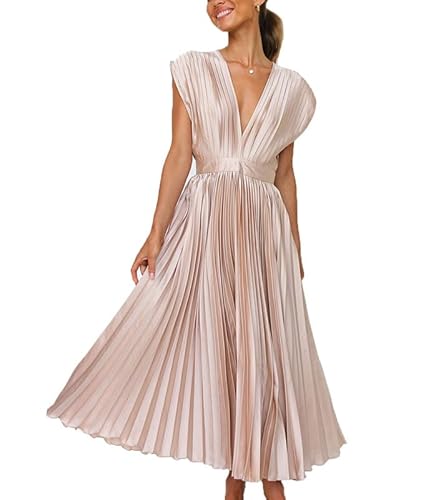 V Hals Rückenfreie Faltenkleider für Frauen Satin Imperium Taille Schwungkleid für Prom Elegant ärmellose Kleid von Suncolour