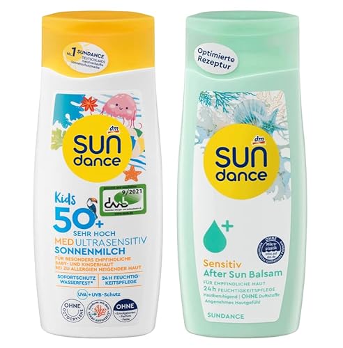 SUNDANCE 2er-Set Sonnenschutz: Sonnenmilch KIDS MED ULTRA SENSITIV, LSF 50+ (200 ml) + Aprés BALSAM SENSITIV After Sun Feuchtigkeitspflege mit Aloe Vera (200 ml), 400 ml von Sundance