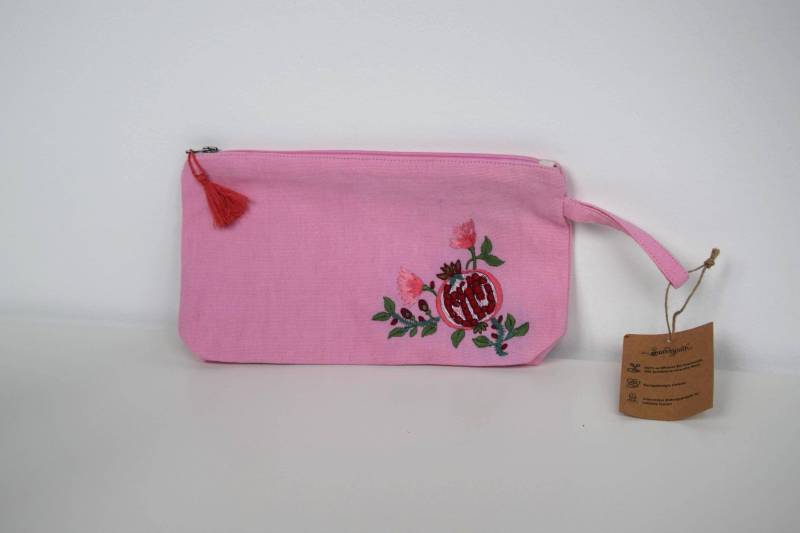 Handgemachte Fair Produzierte Rosa Schminktasche, Bestickt Mit Granatapfel, Gots Zertifizierter Bio Baumwolle, Kosmetiktasche Make Up Tasche von Sundapath