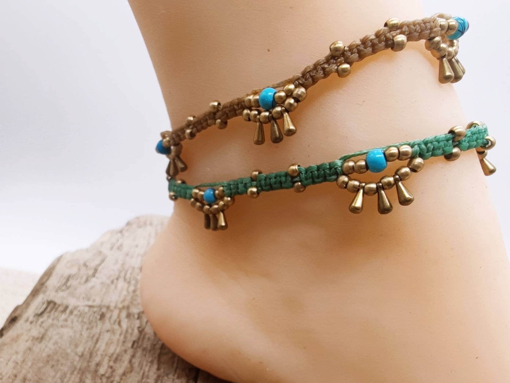 Boho Anklet With Turquoise & Gold Beads - Dark Green Handmade Ankle Bracelet, Gift For Her von SundariiNature