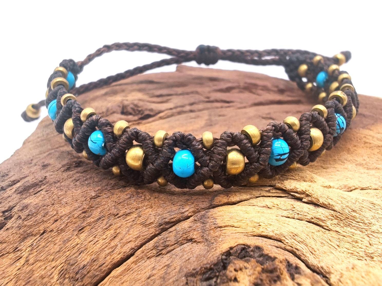 Boho Micro Macrame Bracelet With Gold & Turquoise Beads - Handmade Adjustable Gift For Her von SundariiNature