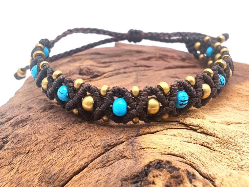 Boho Micro Macrame Bracelet With Gold & Turquoise Beads - Handmade Adjustable Gift For Her von SundariiNature