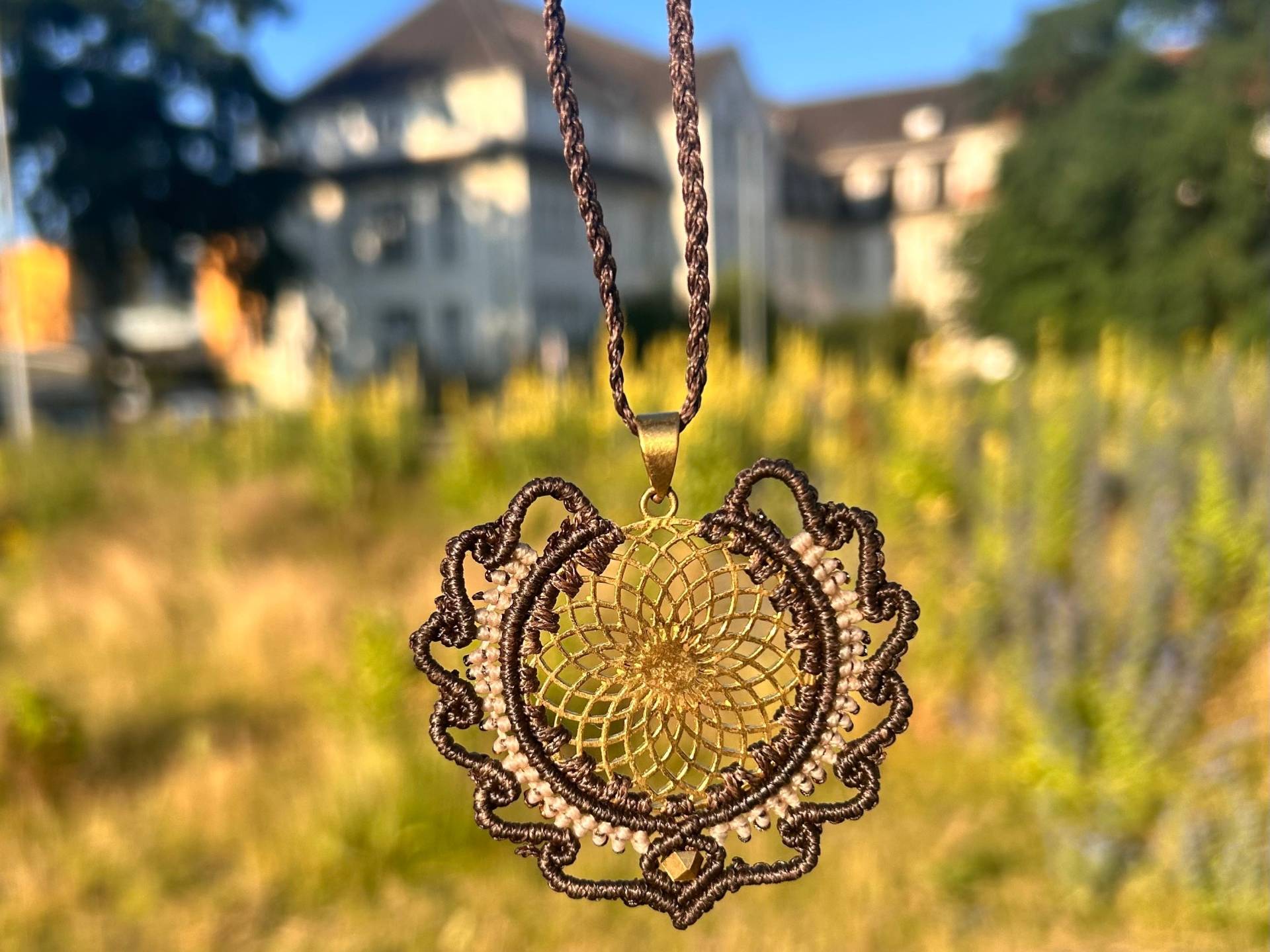 Geometric Summer Jewelry Long Micro Macrame Necklace Gold Brown Boho Handmade Sustainable Gift von SundariiNature