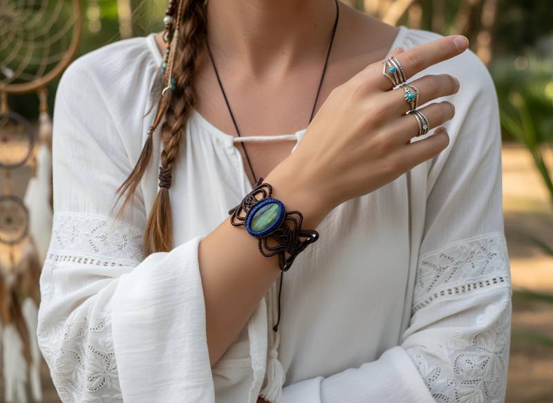 Labradorite Macrame Bracelet - Large Stone Unisex Boho Healing Crystal Gift For Her & Him von SundariiNature