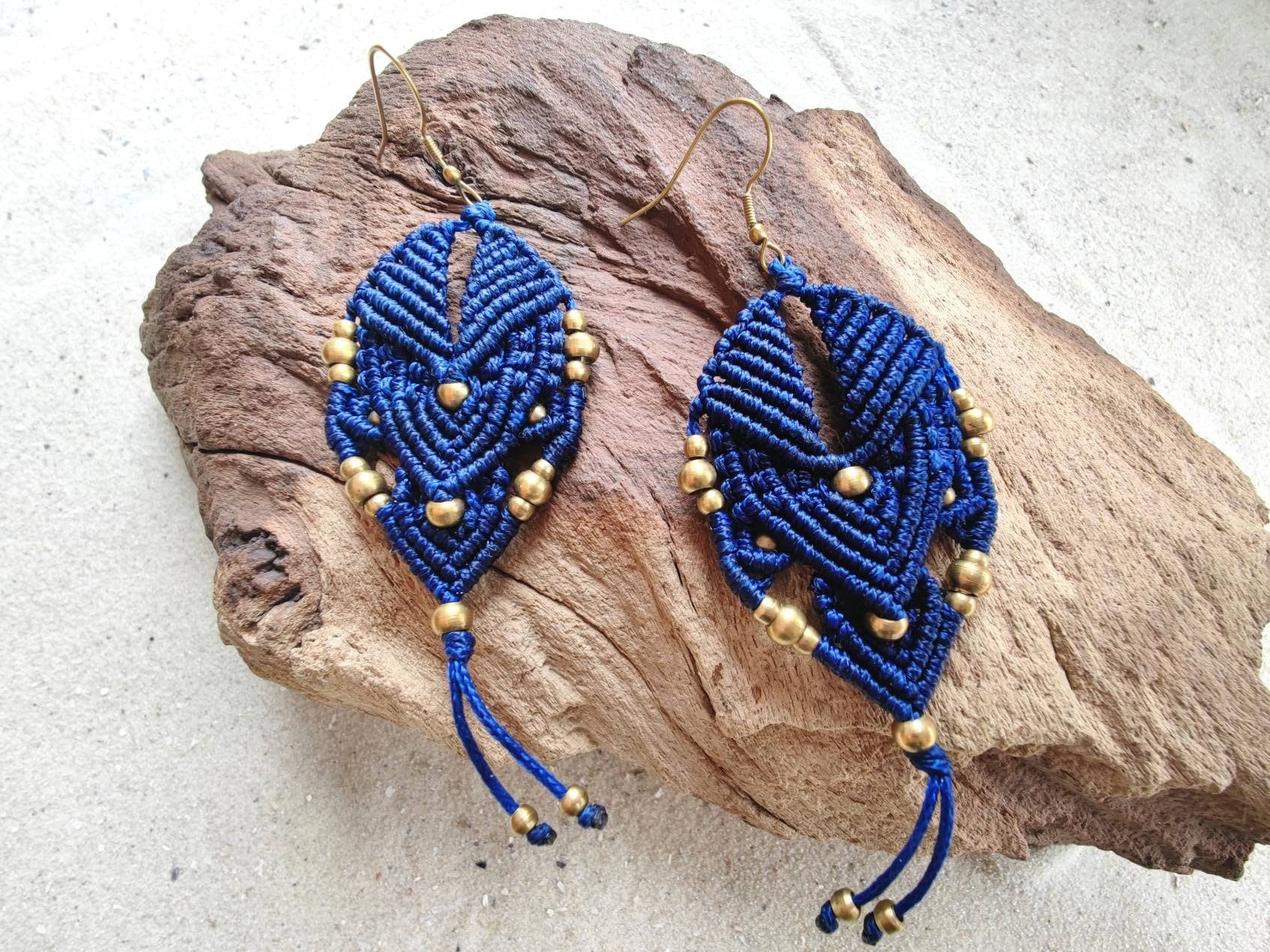 Royal Blue Macrame Earrings Boho Handmade Brass Beads Filigree Statement Jewelry Gift For Her von SundariiNature