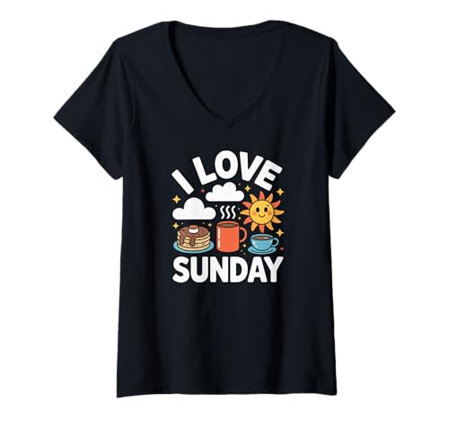 Damen Ich Liebe Pfannkuchen am Sonntagmorgen Sunshine T-Shirt mit V-Ausschnitt Damen Ich Liebe Pfannkuchen am Sonntagmorgen Sunshine T-Shirt mit V-Ausschnitt von Sunday Morning Relaxation Delightful Cozy