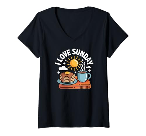 Damen Ich Liebe Sonntagspfannkuchen Kaffee Relax Sun T-Shirt mit V-Ausschnitt von Sunday Pancakes Coffee Relax Sun Comfort