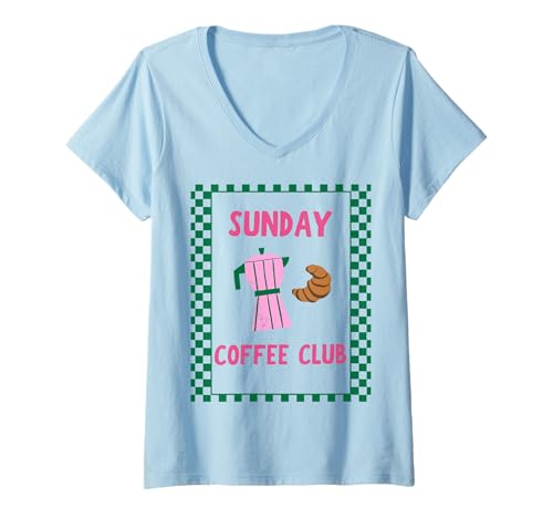 Damen Sunday Coffee Club Graphic Kaffee und Croissant T-Shirt mit V-Ausschnitt von Sunday coffee club graphic