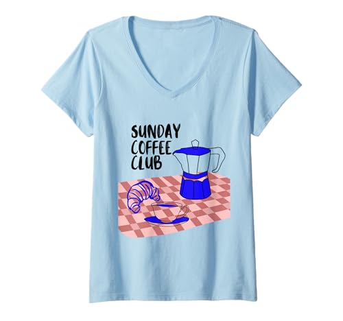 Damen Sunday Coffee Club Graphic Kaffee und Croissant T-Shirt mit V-Ausschnitt von Sunday coffee club graphic