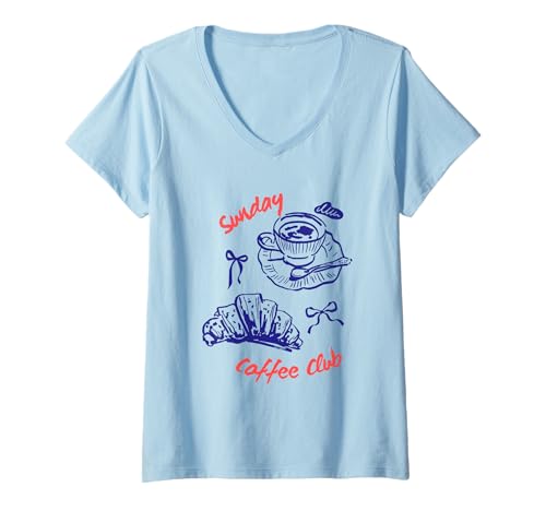 Damen Sunday Coffee Club Graphic Kaffee und Croissant T-Shirt mit V-Ausschnitt von Sunday coffee club graphic