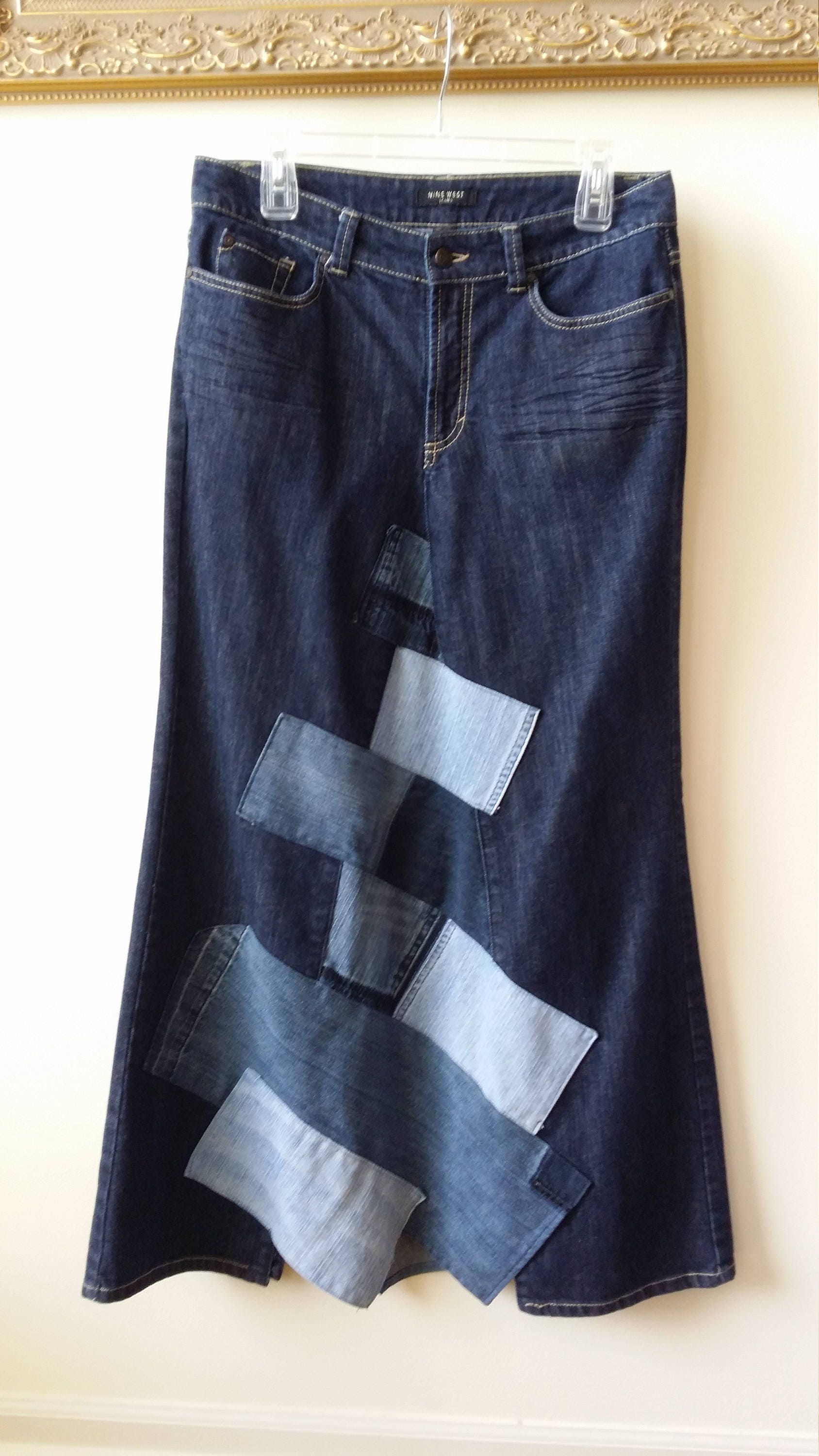 Rekonstruierter Denim Maxi Rock Mit Patchwork, Frauen Größe 10/12 von SundayDoveDesigns