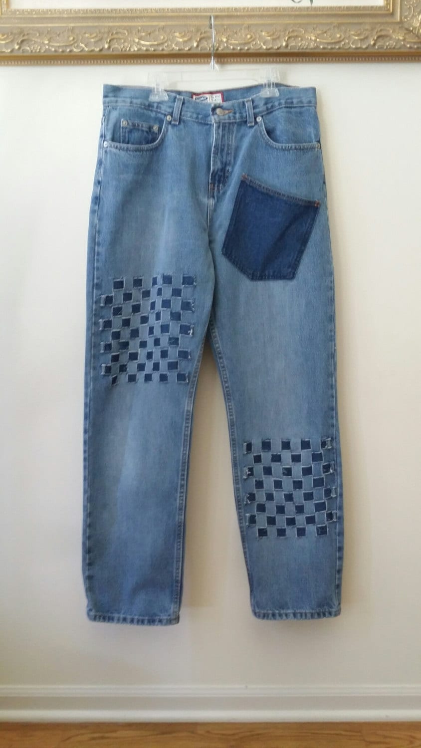 Restyled Jeans Mit Handgewebtem Design, Damengröße 44 von SundayDoveDesigns