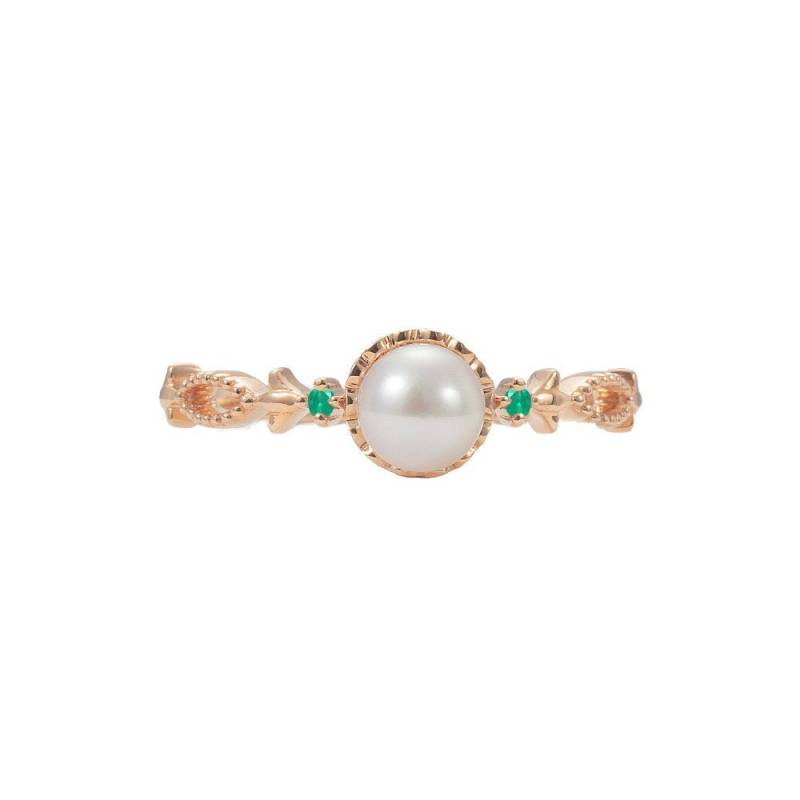 Perle Verlobungsring Smaragd Vintage 14K Rose Gold Diamant Antike Akoya Ehering von SundayIslandJewelry