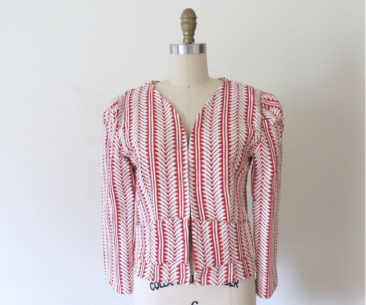 Vintage Rot & Weiß Chevron Gobelin Jacke | Kräftige Schulterpolster Bolerojacke 1940Er 1980Er Jahre Taschen Lässig M von SundriesVintage