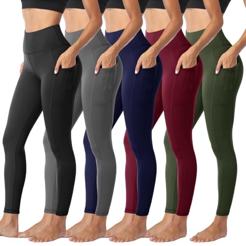 Sundwudu 5er-Pack Leggings mit Taschen für Damen, Bauchkontrolle, hohe Taille, weich, schwarz, Workout-Yogahose, 1–2 Taschen, Schwarz + Grau + Marineblau + Weinrot + Armeegrün, Large-X-Large von Sundwudu