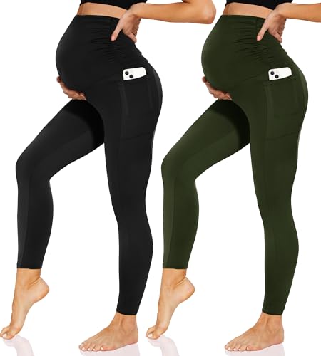 Sundwudu Schwangerschafts-Leggings über dem Bauch, hohe Taille, Schwangerschafts-Yogahose, Workout, aktiv mit Taschen, 2 Stück, Schwarz/Grün, Groß von Sundwudu
