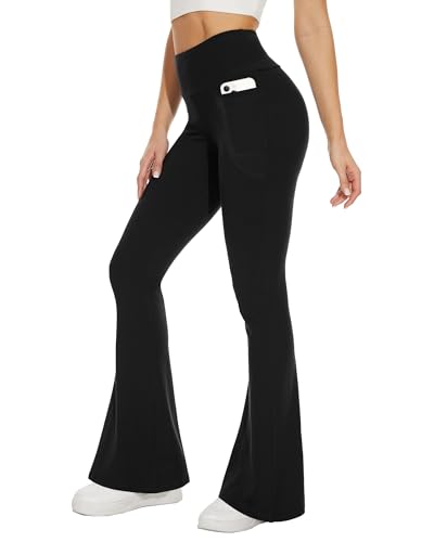 Sundwudu Schwarze Flare Yogahose für Frauen – weiche hohe Taille Bootcut Leggings hoch & lang Palazzo Hosen für Frauen, Schwarze Tasche, X-Groß von Sundwudu