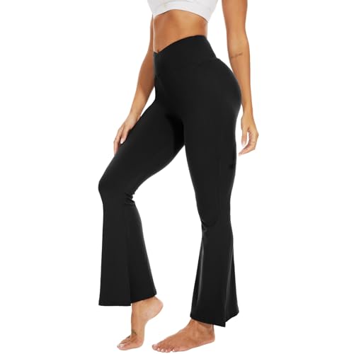 Sundwudu Schwarze Yogahose für Damen – weiche hohe Taille Bootcut Leggings hohe und lange Palazzohose für Damen, Blackcross, S von Sundwudu