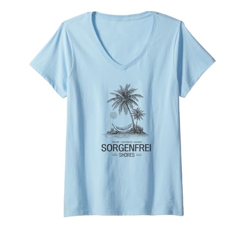 Damen Sorgenfrei Shores – Retro Surf Design mit Palmen & Wellen T-Shirt mit V-Ausschnitt Damen Sorgenfrei Shores – Retro Surf Design mit Palmen & Wellen T-Shirt mit V-Ausschnitt von Sunfade Apparel