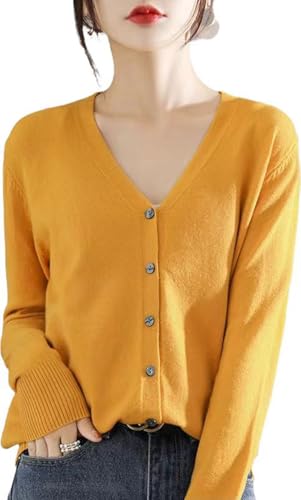 Sunfaynis Damen Langarm Dünne Leichte Strickjacke Pullover für Frauen Dressy Sommer Frühling Herbst Cardigan, Senf, Mittel von Sunfaynis