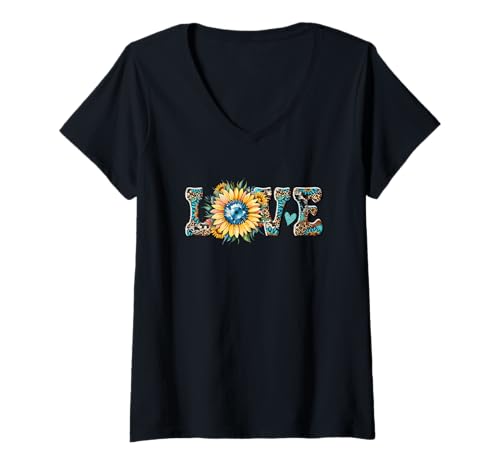 Damen Herzmuster Love Sunflower mit Tierdruck T-Shirt mit V-Ausschnitt von Sunflower Animal Print Heart Design