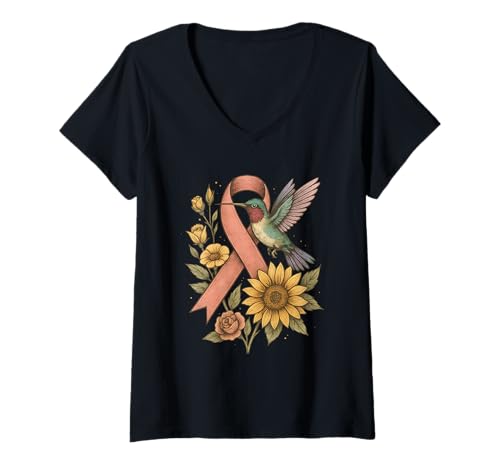 Damen Buntes Kolibri-Rosa Band Brustkrebs-Bewusstsein T-Shirt mit V-Ausschnitt Damen Buntes Kolibri-Rosa Band Brustkrebs-Bewusstsein T-Shirt mit V-Ausschnitt von Sunflower Breast Cancer Awareness Apparel Co