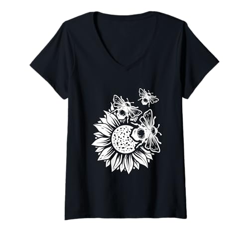 Damen Sonnenblume mit Hummeln T-Shirt mit V-Ausschnitt Damen Sonnenblume mit Hummeln T-Shirt mit V-Ausschnitt von Sunflower Bumblebee Nature Harmony