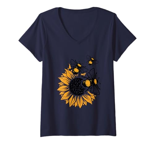 Damen Sonnenblume und Hummeln, lebendige Gartenharmonie T-Shirt mit V-Ausschnitt Damen Sonnenblume und Hummeln, lebendige Gartenharmonie T-Shirt mit V-Ausschnitt von Sunflower Bumblebee Nature Lovers Enthusiasts
