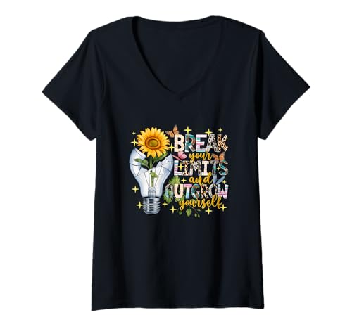 Damen Durchbrich Deine Grenzen und entwachse motivierend über Dich selbst T-Shirt mit V-Ausschnitt von Sunflower Inspiration Growth Mindful Beautiful