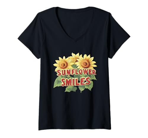 Damen Pretty Smiles Sonnenblumen-Kostüm für Erwachsene und Kinder T-Shirt mit V-Ausschnitt Damen Pretty Smiles Sonnenblumen-Kostüm für Erwachsene und Kinder T-Shirt mit V-Ausschnitt von Sunflower Outfit