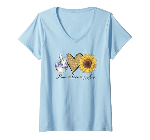Damen Peace Love Sonnenblume Herz Boho Vibes T-Shirt mit V-Ausschnitt von Sunflower Peace Love Faith Trendy Graphic