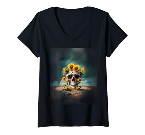 Damen Totenkopf und Sonnenblumen Halloween Kostüm Gothic Moody Gloomy T-Shirt mit V-Ausschnitt von Sunflower Skulls Gothic Halloween Costumes Teens