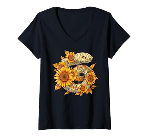 Damen Sunflower Snake Flower Gardening Floral T-Shirt mit V-Ausschnitt von Sunflower Snakes Lover Flower Gardening Apparel