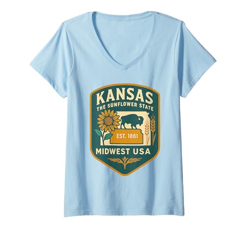 Damen Sunflower State Shirt Kansas Buffalo Est 1861 Retro-Kunst T-Shirt mit V-Ausschnitt von Sunflower State Tee Shirts for Kansas History Fans