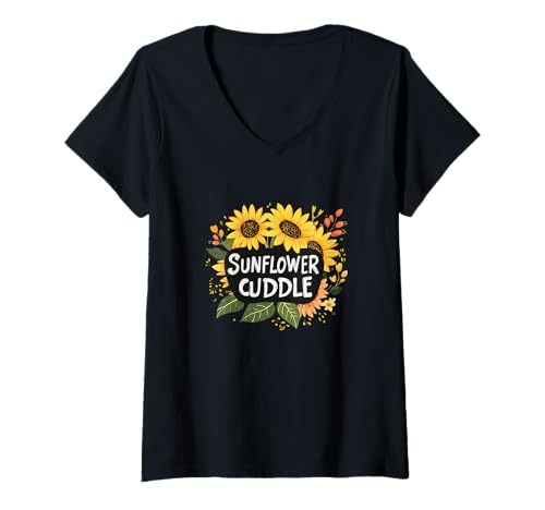 Damen Hübsches Sonnenblumen-Emblem T-Shirt mit V-Ausschnitt von Sunflowers Outfit