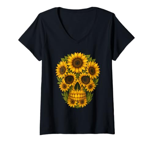 Damen Sunflowers Skeleton Skull Flower Nature Gardening T-Shirt mit V-Ausschnitt Damen Sunflowers Skeleton Skull Flower Nature Gardening T-Shirt mit V-Ausschnitt von Sunflowers Skeleton Skull Flower Gardener Apparel