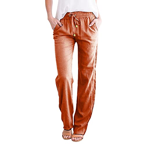 Leinenhose Damen Leicht Lange Freizeithose Straight Leg Einfarbig Sommerhose Breites Bein Strandhosen Stretch Locker Langhose Atmungsaktive Bequem Schlupfhose mit Kordelzug und Taschen von Sunggoko