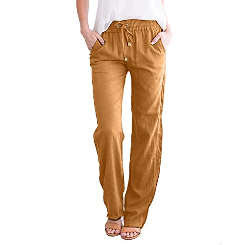 Leinenhose Damen Leicht Lange Freizeithose Straight Leg Einfarbig Sommerhose Breites Bein Strandhosen Stretch Locker Langhose Atmungsaktive Bequem Schlupfhose mit Kordelzug und Taschen von Sunggoko