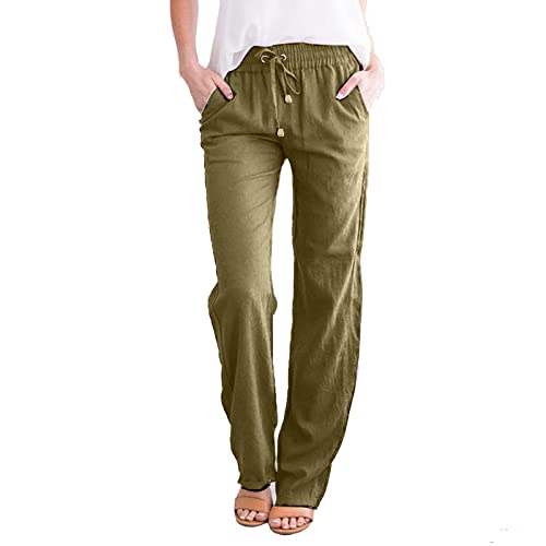 Leinenhose Damen Leicht Lange Freizeithose Straight Leg Einfarbig Sommerhose Breites Bein Strandhosen Stretch Locker Langhose Atmungsaktive Bequem Schlupfhose mit Kordelzug und Taschen von Sunggoko